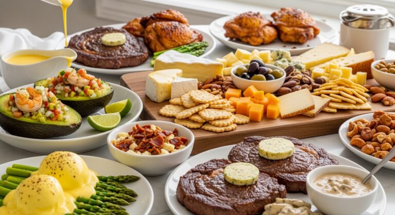 [Image Prompt: A beautifully styled kitchen table filled with high-fat keto meals like creamy avocado dishes, buttery meats, cheese platters, and rich sauces, captured in natural lighting with a high-end camera, shallow depth of field, no text.]