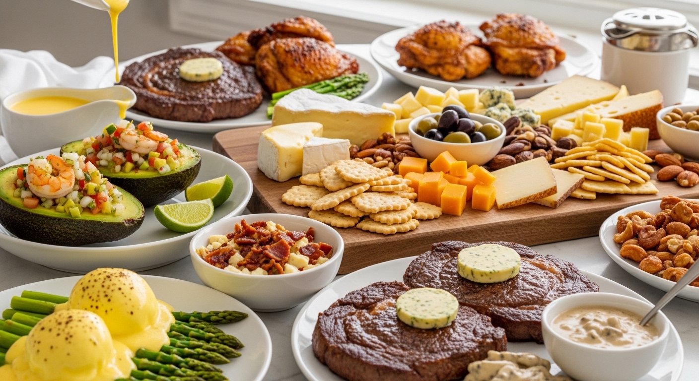 [Image Prompt: A beautifully styled kitchen table filled with high-fat keto meals like creamy avocado dishes, buttery meats, cheese platters, and rich sauces, captured in natural lighting with a high-end camera, shallow depth of field, no text.]