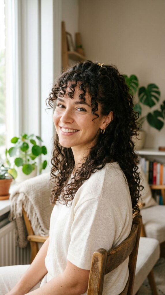 Curly Half Up with Bangs