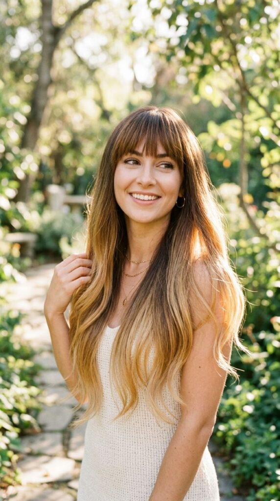 Ombre Brown-to-Blonde Wig With Fringe Bangs