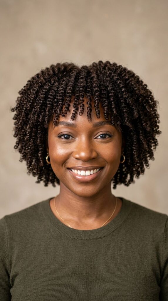 Short Natural Coil Wig With Tapered Bangs