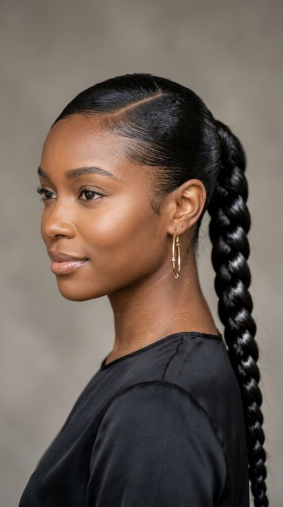 Deep Side-Part Sleek Braided Ponytail