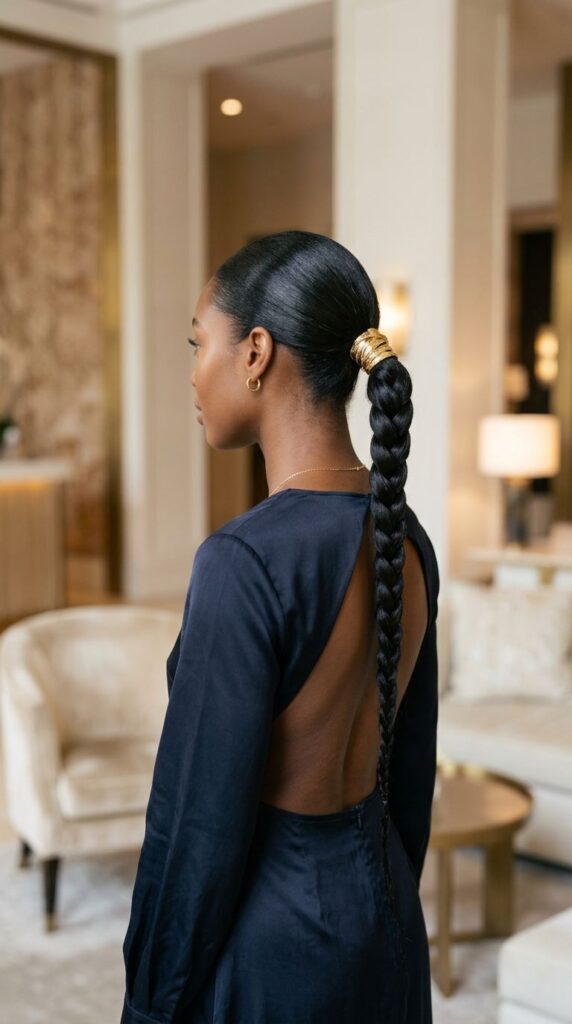Sleek Braided Ponytail with a Gold Hair Cuff