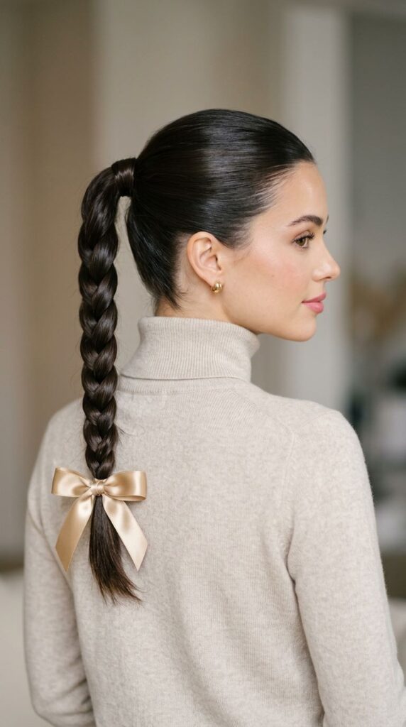Sleek Braided Ponytail with a Satin Ribbon